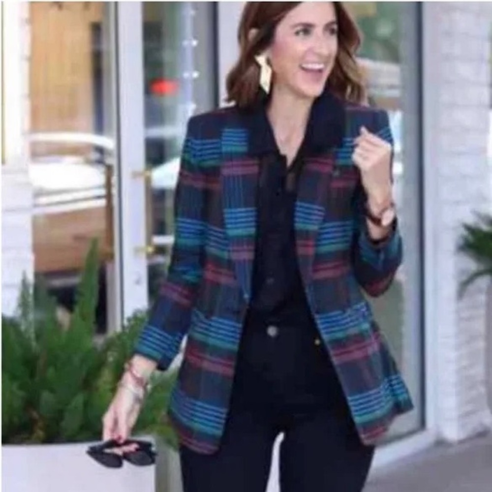 Cabi Blazer Womens Medium Holiday Plaid Blazer Colorful Fall Academia #3850